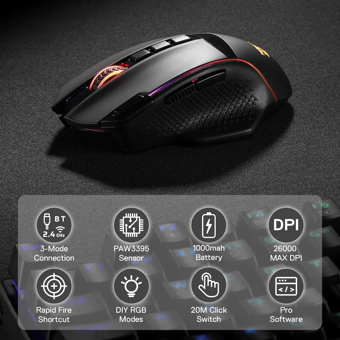 Mysz gamingowa Redragon M991 Wireless 26000 DPI, 3 tryby, 9 przycisków makro, podświetlenie RGB, czarna
