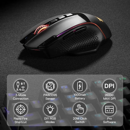 Mysz gamingowa Redragon M991 Wireless 26000 DPI, 3 tryby, 9 przycisków makro, podświetlenie RGB, czarna