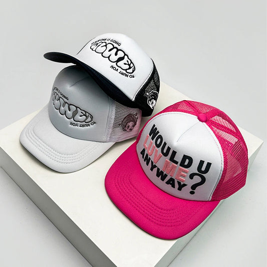 Neue Unisex-Baseballcaps im Colorblock-Design mit Buchstabenstickerei, Hip-Hop-Stil, atmungsaktivem Mesh und Sonnenschutz – vielseitige Street-Trucker-Caps