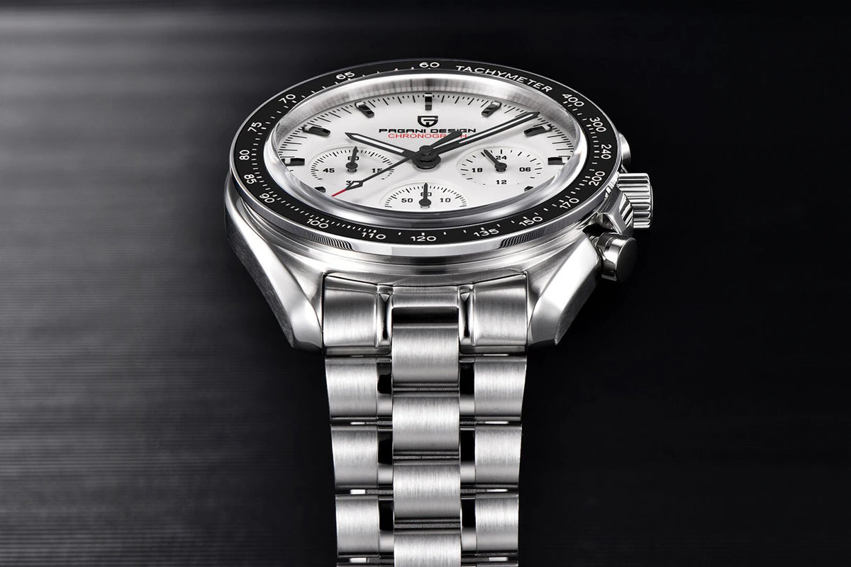 Montre pour homme PAGANI DESIGN (nouveau modèle V5 PD1701) – Chronographe sportif de type « Speed » à quartz, verre saphir avec traitement antireflet, étanche jusqu'à 100 mètres.