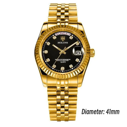Holuns Luxury Classic 36/41 mm-es arany férfi karóra, japán MIYOTA kvarc szerkezet, rozsdamentes acél, klasszikus üzleti karóra, vízálló