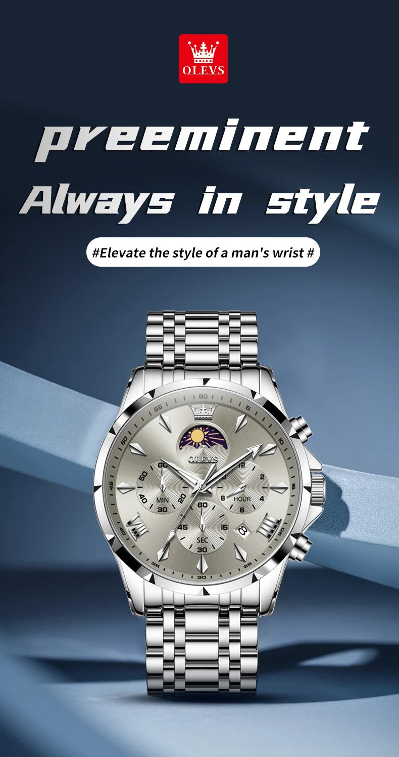 OLEVS 3653 Men’s Quartz Chronograph Watch  Moon Phase, Luminous, Date Display, Stainless Steel & 30M Waterproof