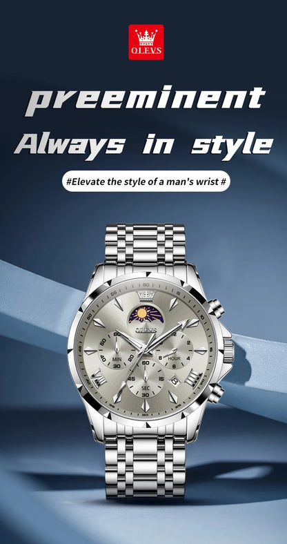 OLEVS 3653 Men’s Quartz Chronograph Watch  Moon Phase, Luminous, Date Display, Stainless Steel & 30M Waterproof