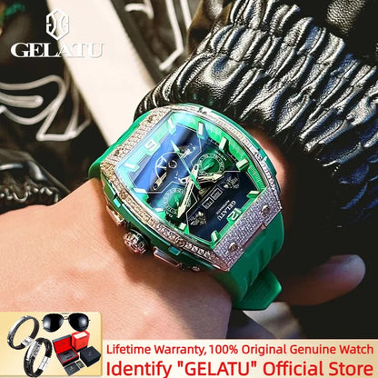 GELATU 6016 High-End Full Diamond Automatic Mechanical Watch for Men Multifunction Hollow Silicone Strap Men's Wristwatches