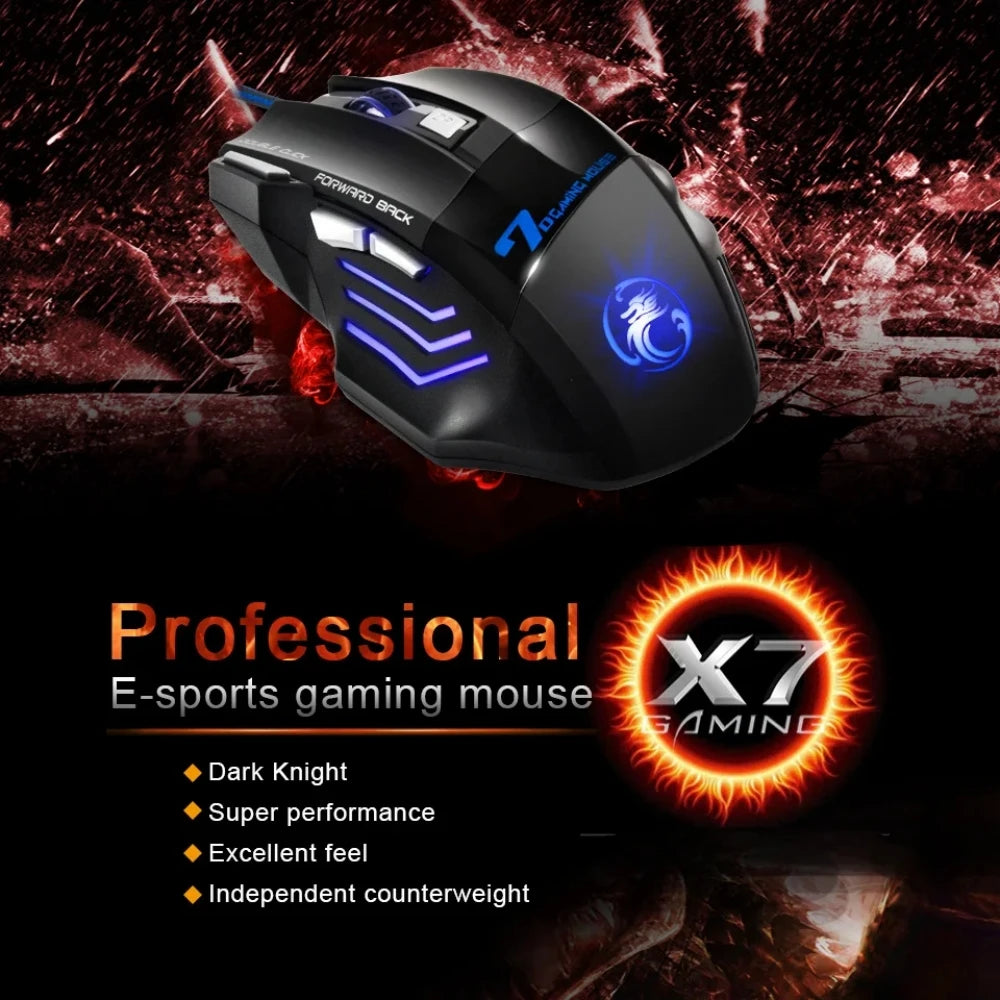 Ratón gaming con cable para ordenador, retroiluminación RGB, diseño ergonómico silencioso, LED, 7 botones y USB para PC de escritorio