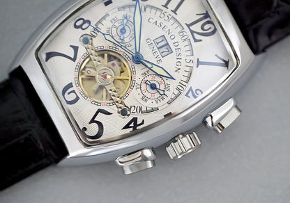 CASENO csúcsminőségű luxusmárka férfi teljesen automatikus mechanikus tourbillon karóra naptárral, éjszakai világítással, tonneau alakú, áttört karóra -577G