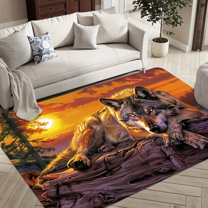 Sunset Wolf Design Rectangular Area Rug, Soft Non Slip Floor Mat for Living Room Bedroom and Office, Washable Home Decor