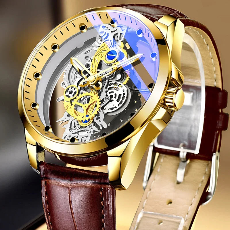 Orologio di tendenza da uomo, modello a doppia apertura, stile di lusso dorato, finto tourbillon meccanico, movimento al quarzo.