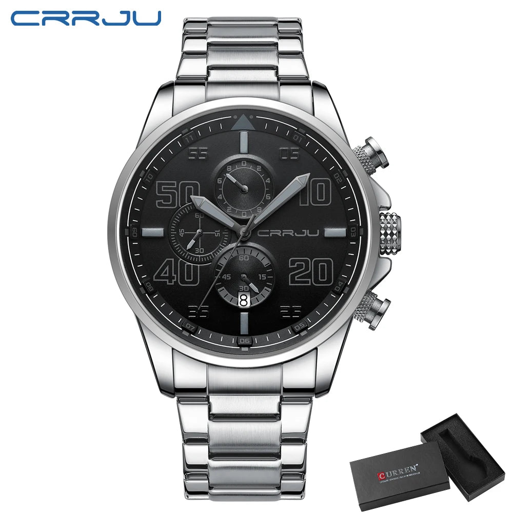 CRRJU men’s watch – Luxury chronograph, large dial, stainless steel, water-resistant, with date display