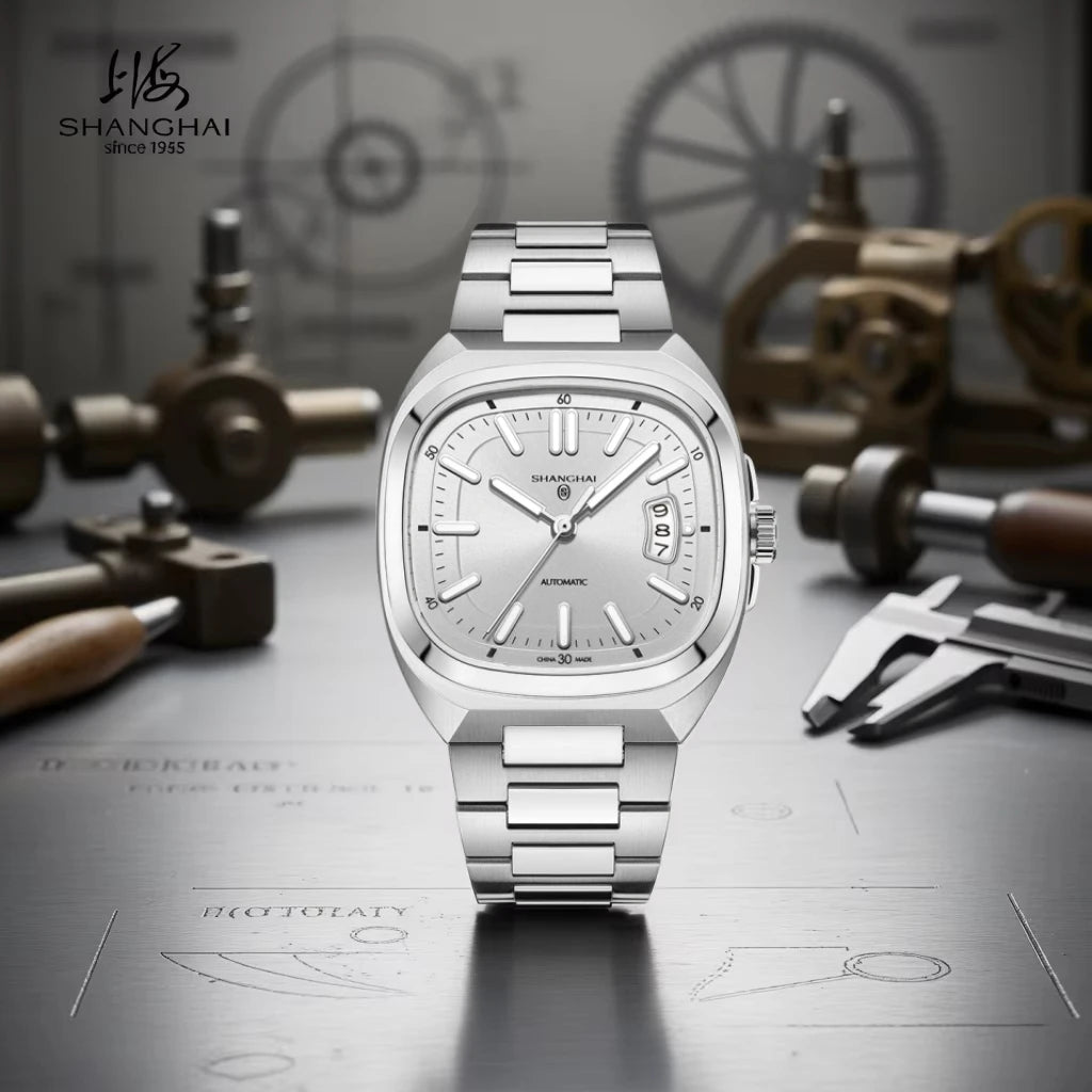 Shanghai Watch automatikus mechanikus, négyzet alakú számlapos férfi karóra, világító, 50 m-ig vízálló, dátumkijelzős, alkalmi karóra SH018