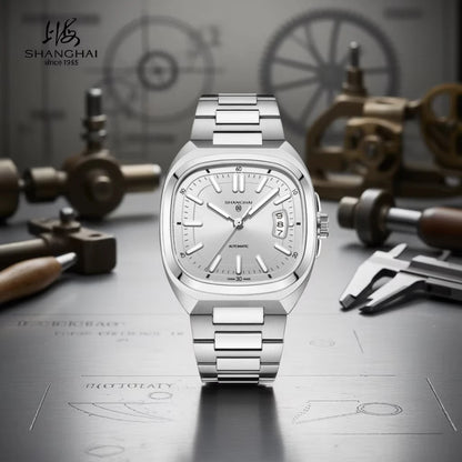 Shanghai Watch automatikus mechanikus, négyzet alakú számlapos férfi karóra, világító, 50 m-ig vízálló, dátumkijelzős, alkalmi karóra SH018