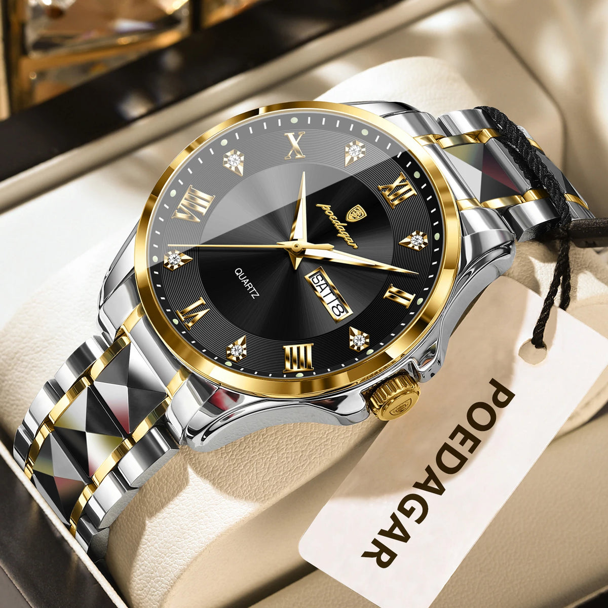 Montre pour homme POEDAGAR, modèle de luxe original, étanche, lumineuse, avec affichage de la date et du jour, style élégant, boîtier en acier inoxydable, mouvement à quartz, idéale pour le travail.