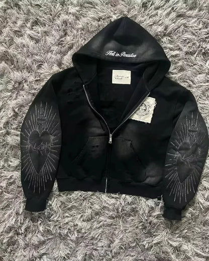 2026 New American Fashion Trend Goth Printed Zipper Hoodie Women Street Hip Hop Punk Rock Sweatshirt Unisex Casual Loose Hoodie