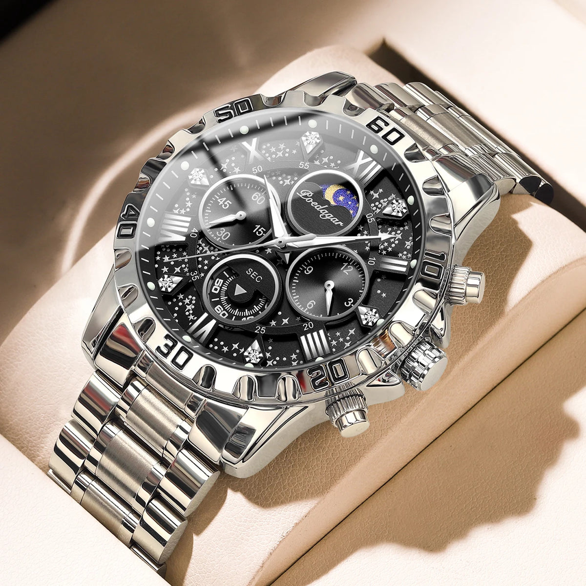 Montre homme de luxe POEDAGAR, étanche, lumineuse, en acier inoxydable, à quartz, chronographe, style militaire.
