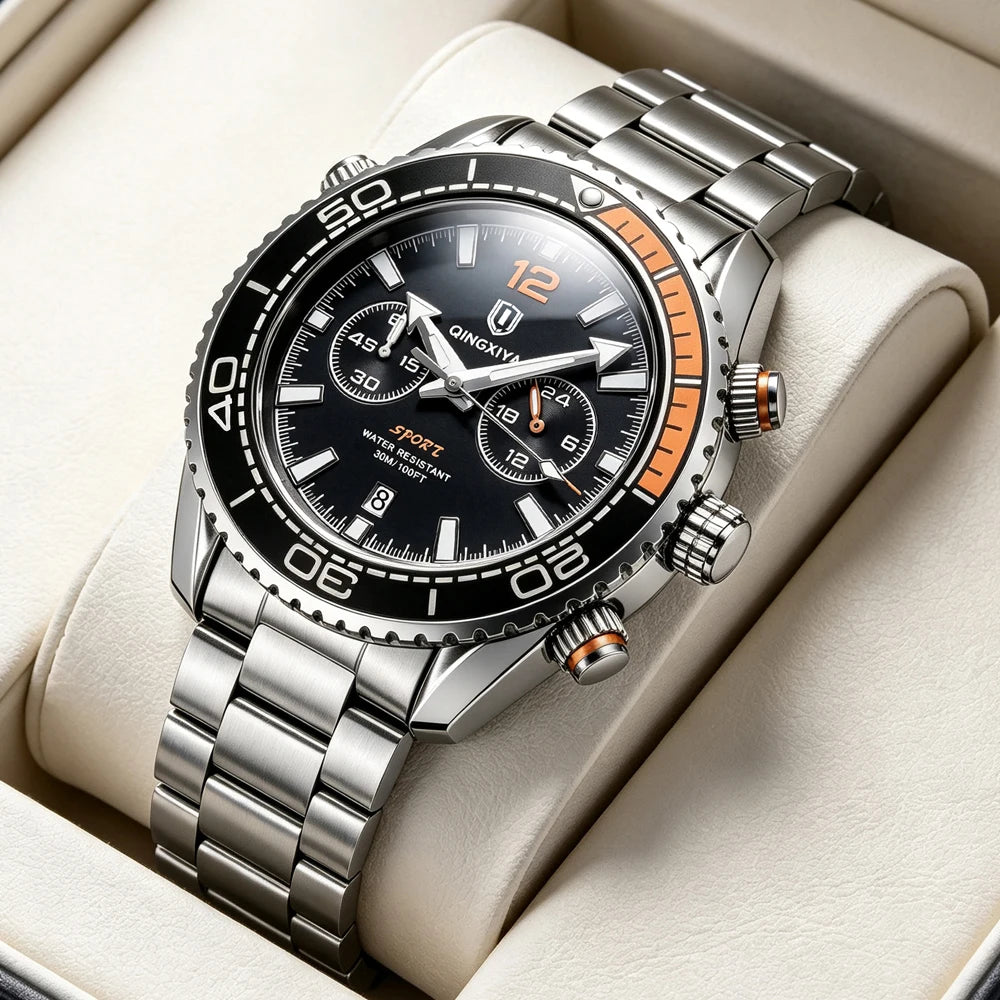 Montre-bracelet de luxe pour homme de marque QINGXIYA, chronographe sport étanche avec date lumineuse, montre à quartz décontractée pour homme