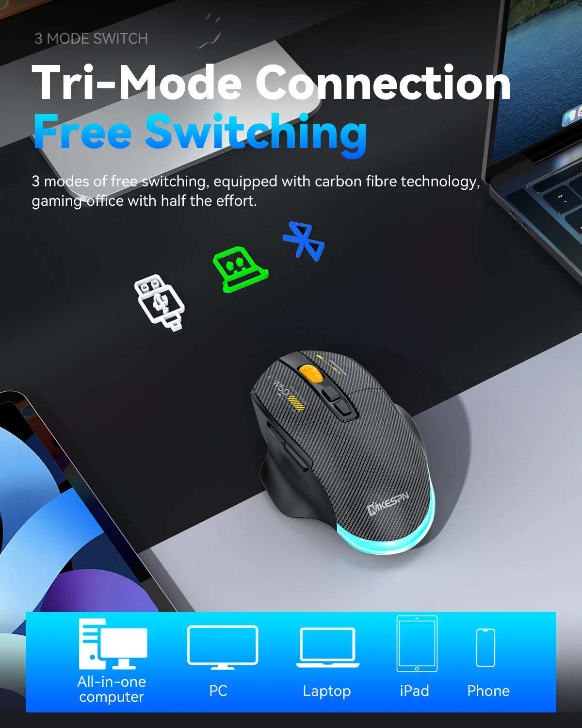 Ratón gaming inalámbrico Bluetooth, ratón RGB con cable/inalámbrico de 12800 DPI con 7 botones programables, para PC portátil y gaming