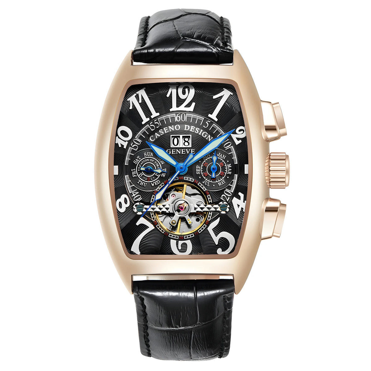 CASENO csúcsminőségű luxusmárka férfi teljesen automatikus mechanikus tourbillon karóra naptárral, éjszakai világítással, tonneau alakú, áttört karóra -577G