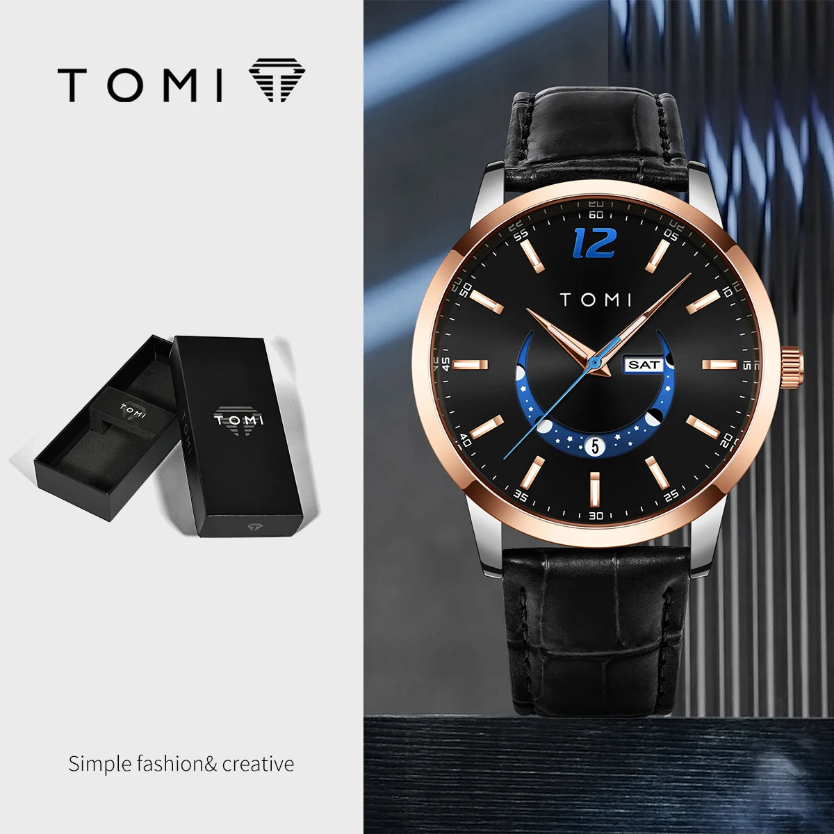 Montre à quartz TOMI, style business et élégant, avec bracelet en cuir, boîtier en alliage et cadran à aiguilles – Design haut de gamme, idée cadeau pour homme