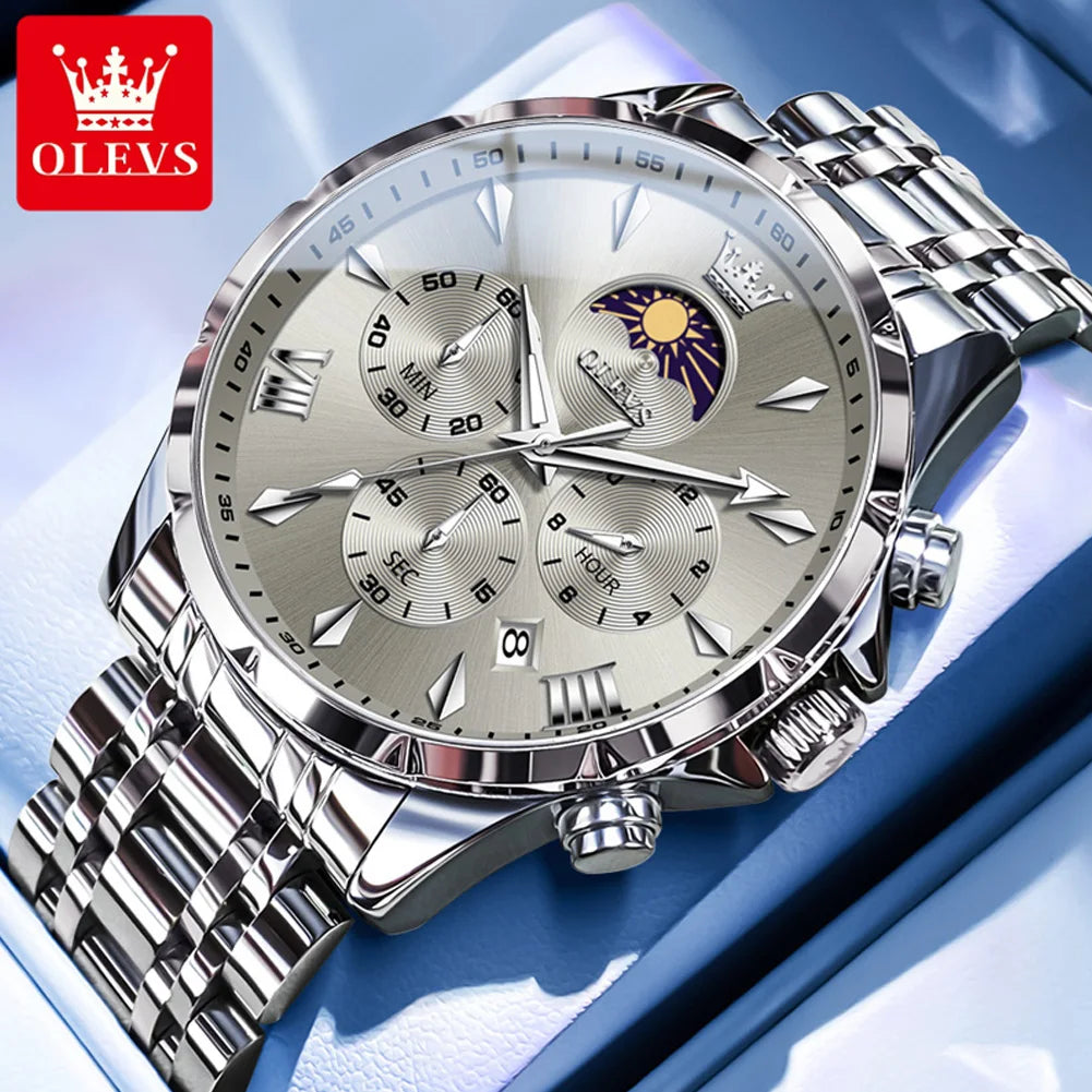 OLEVS 3653 Men’s Quartz Chronograph Watch  Moon Phase, Luminous, Date Display, Stainless Steel & 30M Waterproof