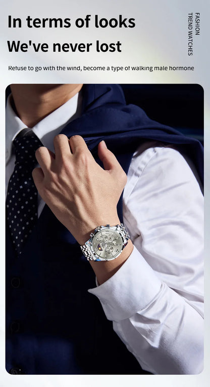 OLEVS 3653 Men’s Quartz Chronograph Watch  Moon Phase, Luminous, Date Display, Stainless Steel & 30M Waterproof