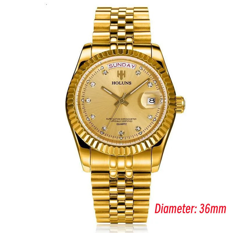 Holuns Luxury Classic 36/41 mm-es arany férfi karóra, japán MIYOTA kvarc szerkezet, rozsdamentes acél, klasszikus üzleti karóra, vízálló