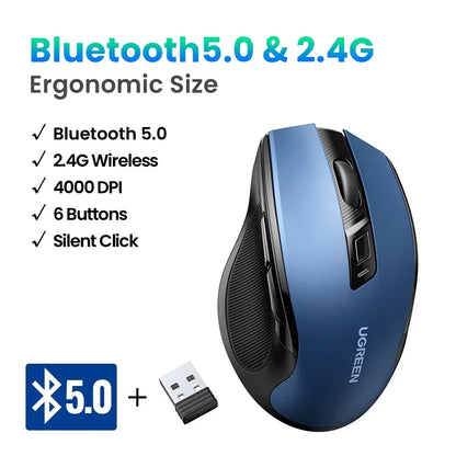 Mysz bezprzewodowa UGREEN Bluetooth 5.0, ergonomiczna, 4000DPI, 6 cichych przycisków, do MacBooka, tabletu, laptopów, komputera PC, 2.4G