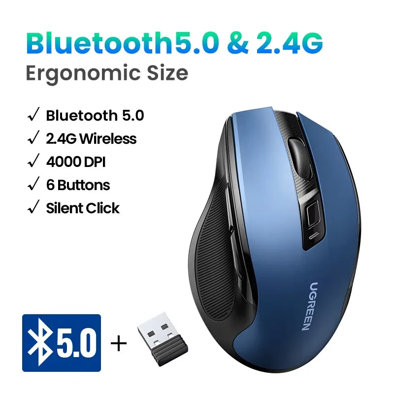 Mouse wireless UGREEN Bluetooth 5.0 ergonomico 4000DPI con 6 pulsanti silenziosi, per MacBook, tablet, laptop, computer e PC, mouse 2.4G