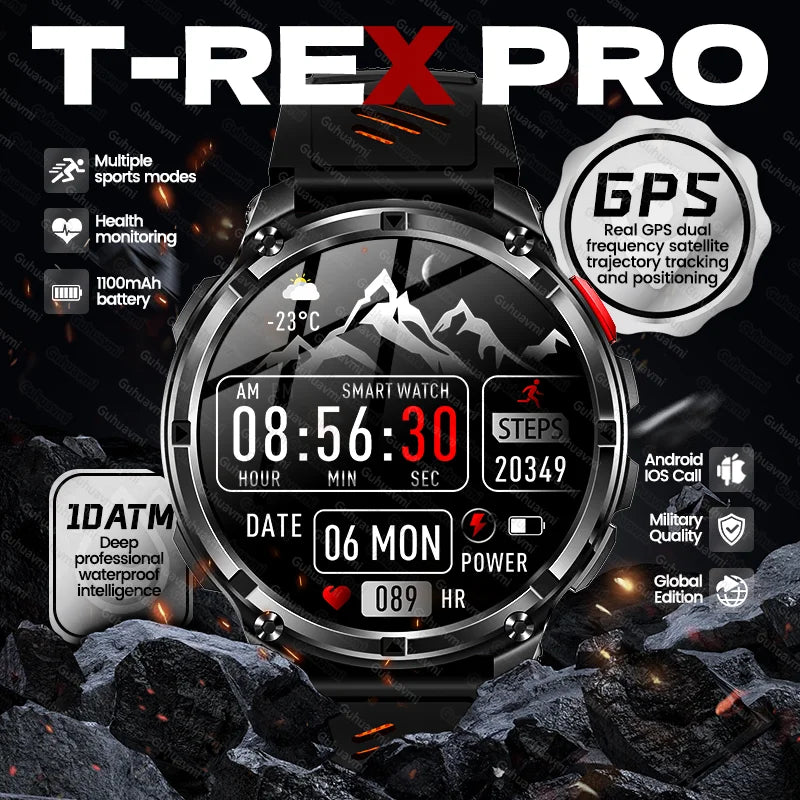 2026 T-Rex 3 Style Smartwatch for Men  1100mAh Battery, GPS, 10ATM Waterproof, Bluetooth Calling & Sports Tracker