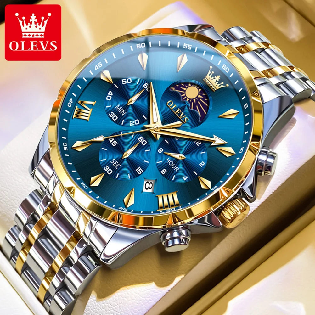OLEVS 3653 Men’s Quartz Chronograph Watch  Moon Phase, Luminous, Date Display, Stainless Steel & 30M Waterproof