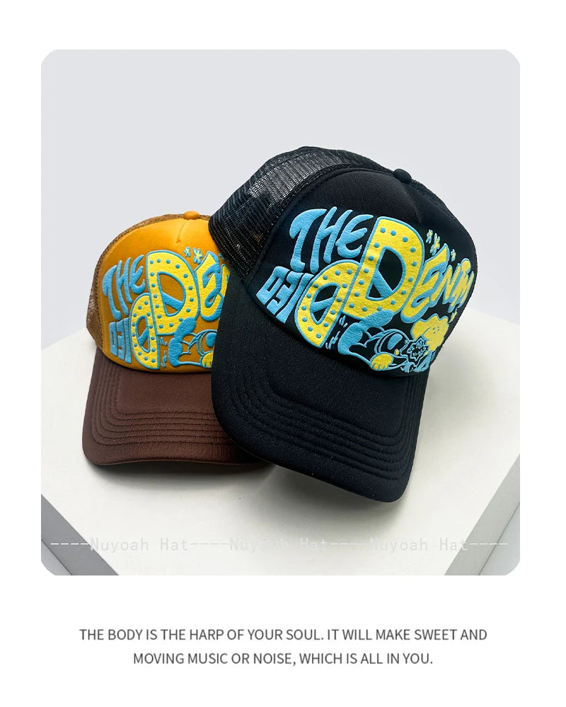 Șepci de baseball unisex interesante, cu litere imprimate 3D, cu parasolar, cu motive de desene animate, respirabile, cu blocuri de culori, șepci de camionagiu din plasă, versatile