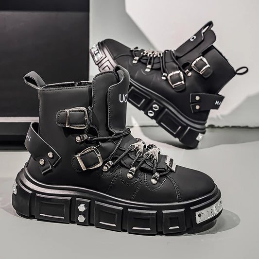 Fashion Rivet Black High top Sneakers Men Leather Design Luxury Shoes Street Gothic Punk Boots Men Motorcycle Boots Big Size 46