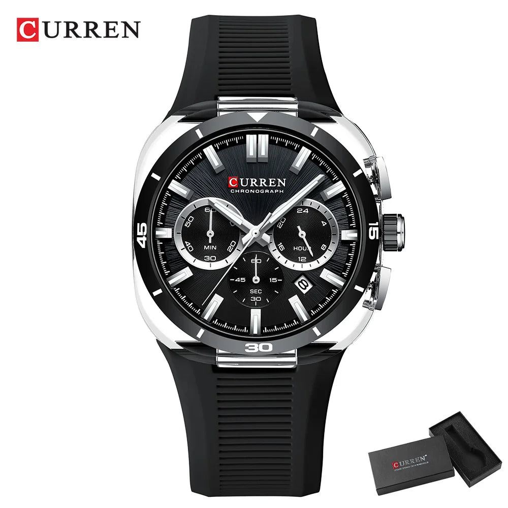 Reloj para hombre CURREN: nuevo modelo de lujo con mecanismo de cuarzo, correa de silicona, estilo deportivo, multifunción, resistente al agua, luminiscente, con indicador de fecha y cronómetro.