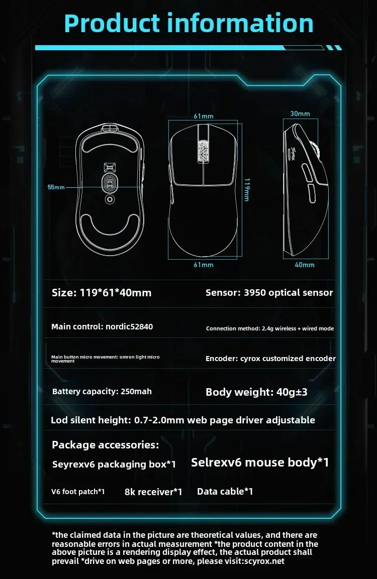 SCYROX V6 porenfreie kabellose Esports-Maus 40g 750IPS mit 8k-Empfänger, schneller Reaktion, 3950, hochwertig, 8KHz Gaming-Maus