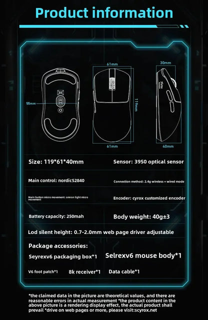 SCYROX V6 porenfreie kabellose Esports-Maus 40g 750IPS mit 8k-Empfänger, schneller Reaktion, 3950, hochwertig, 8KHz Gaming-Maus