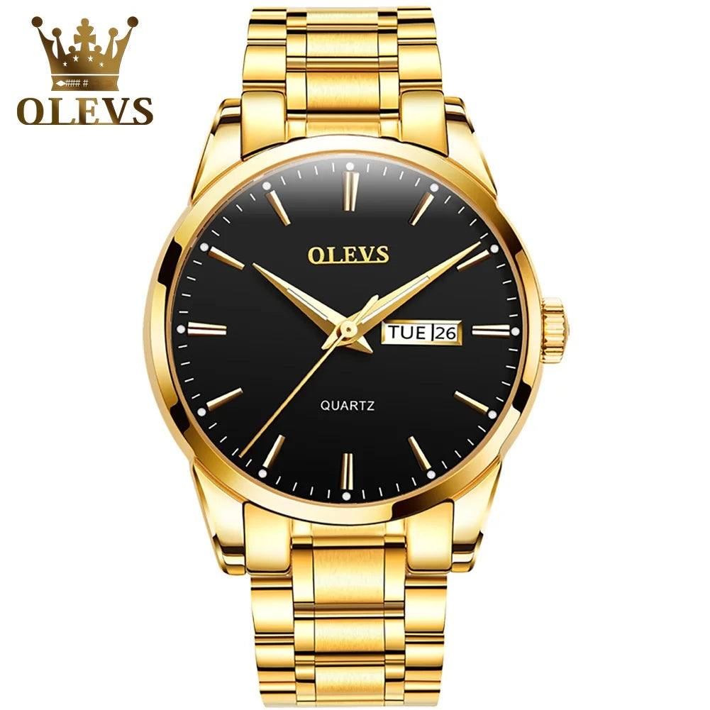 OLEVS Men’s Watch – Stainless steel quartz wristwatch, water-resistant, gold-coloured, elegant and luminous, a luxury accessory for men