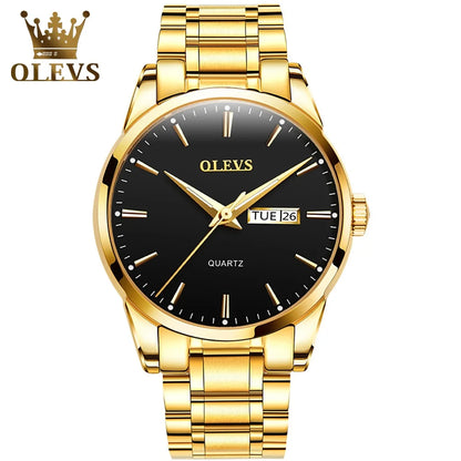 OLEVS Men’s Watch – Stainless steel quartz wristwatch, water-resistant, gold-coloured, elegant and luminous, a luxury accessory for men