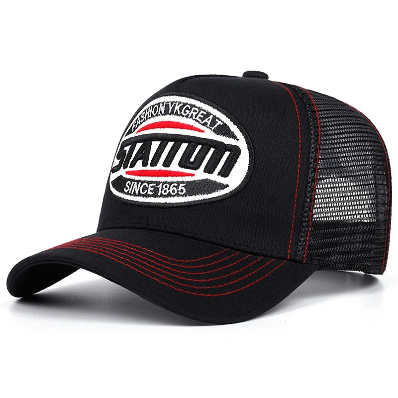 Naujo stiliaus unisex beisbolo kepuraitė Classic STATION su raidžių raštu ir tinkleliu vyrams ir moterims, pralaidi orui, gatvės stiliaus vasarinė sunkvežimio vairuotojo kepuraitė