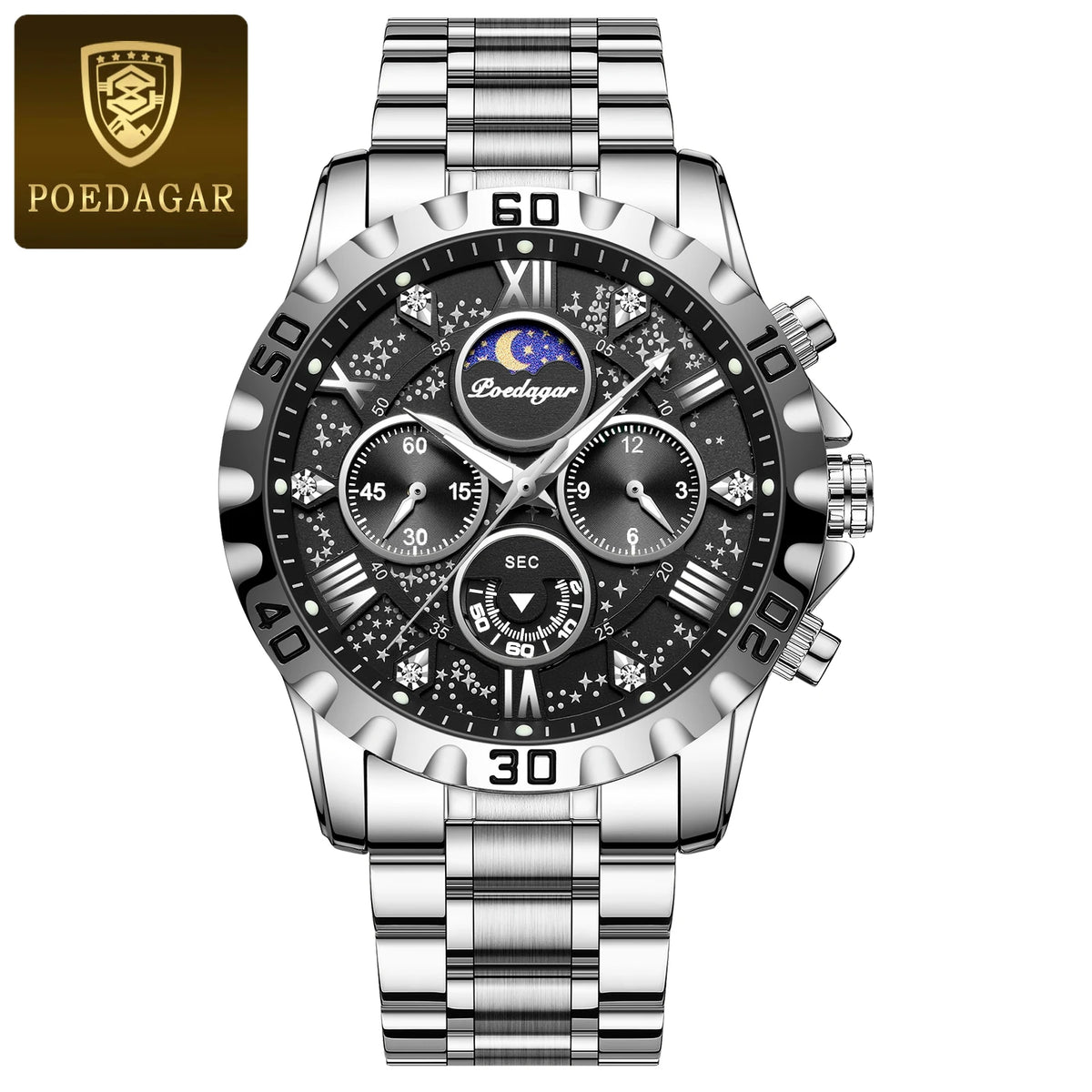 Montre pour homme POEDAGAR – Chronographe de luxe, étanche et luminescent, en acier inoxydable, style sportif et militaire, à mouvement à quartz