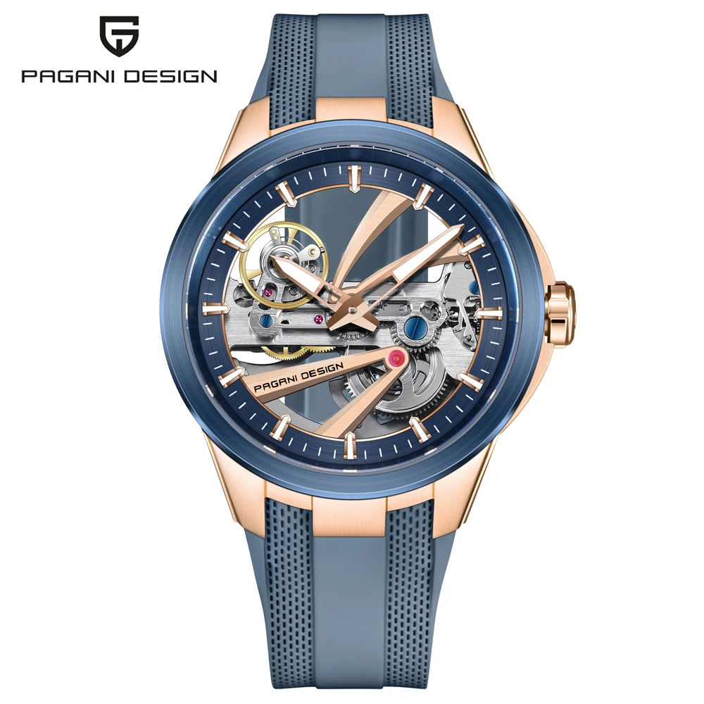 PAGANI DESIGN men’s watch – Luxury automatic mechanical model, ‘skeleton’ (open-heart) style, featuring a tourbillon, sapphire crystal with anti-reflective coating, water-resistant and luminescent.