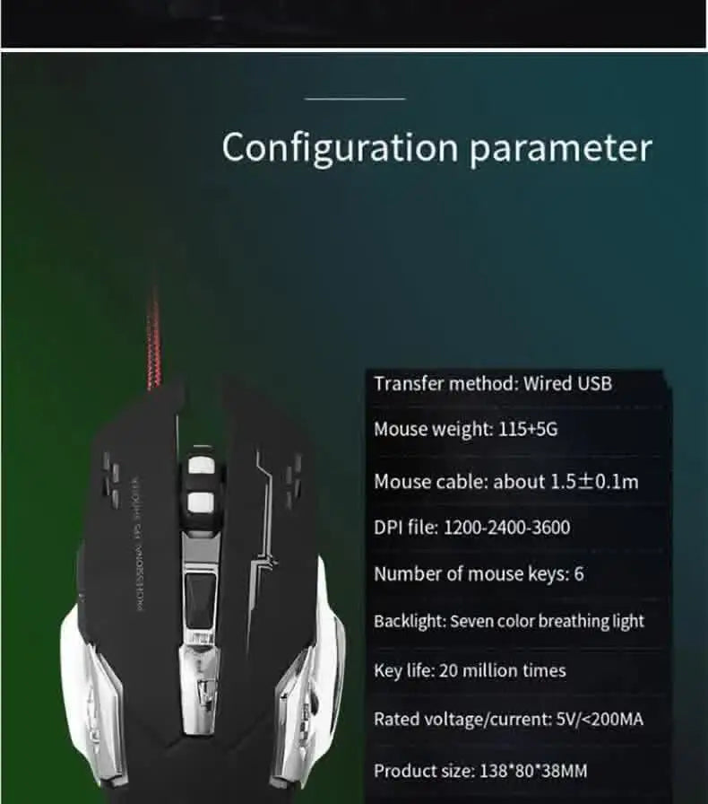 Mouse gaming Carpbaba GM6 per gamer, mouse ottico cablato regolabile con LED, cavo USB, mouse silenzioso per laptop e PC