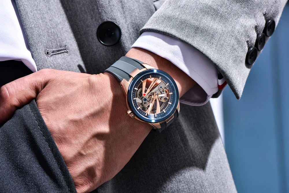PAGANI DESIGN men’s watch – Luxury automatic mechanical model, ‘skeleton’ (open-heart) style, featuring a tourbillon, sapphire crystal with anti-reflective coating, water-resistant and luminescent.