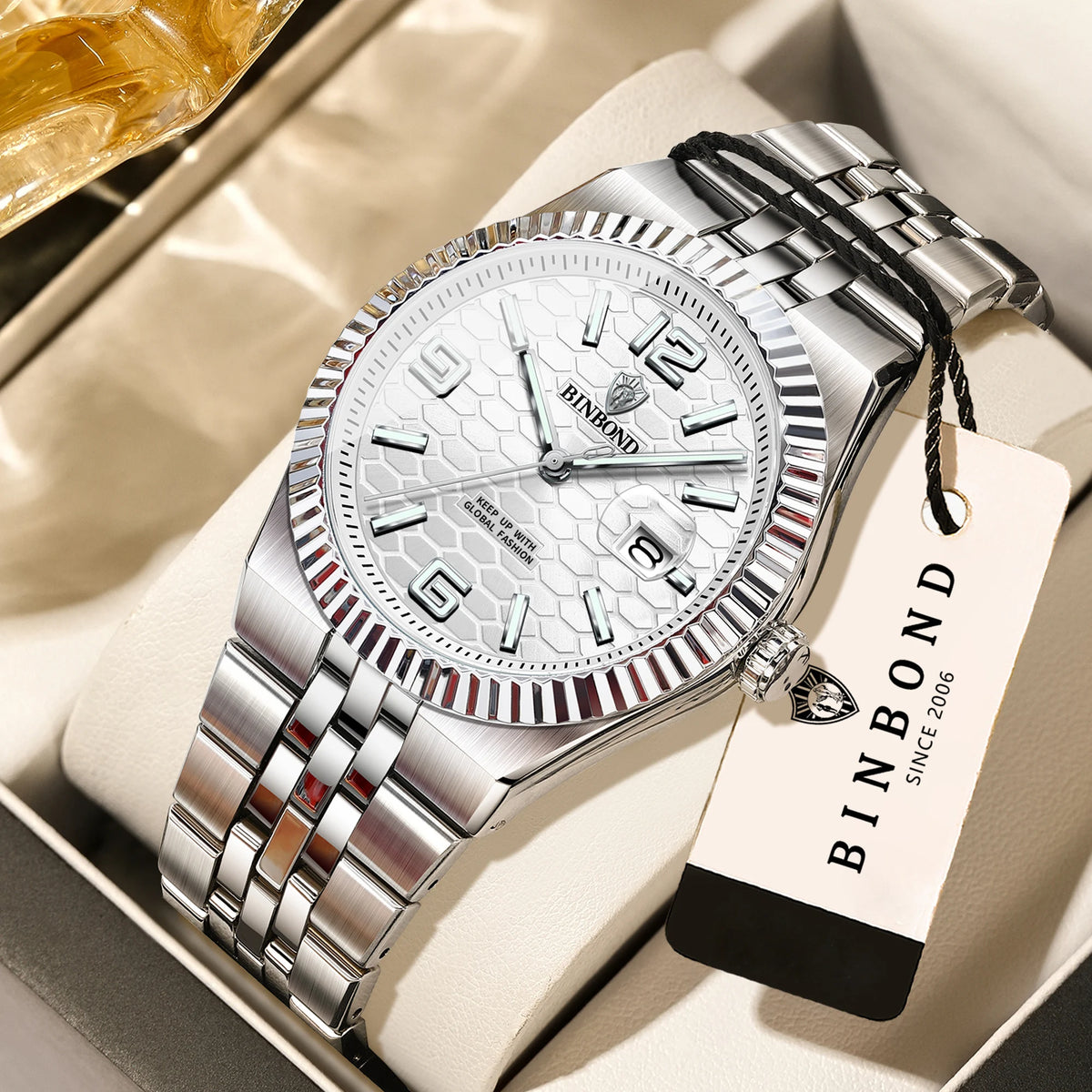 Reloj de pulsera de cuarzo de lujo BINBOND, luminiscente, resistente al agua, con fecha automática, para hombre, de acero, estilo ejecutivo, deportivo, moderno y desenfadado.