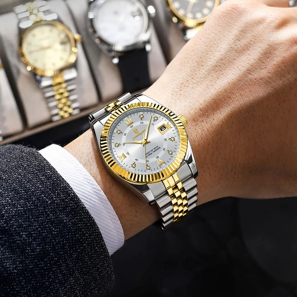 POEDAGAR Classic and Luxurious Men’s Quartz Watch – Stainless steel case, date display, water-resistant, luminescent hands – An elegant wristwatch for work or formal occasions