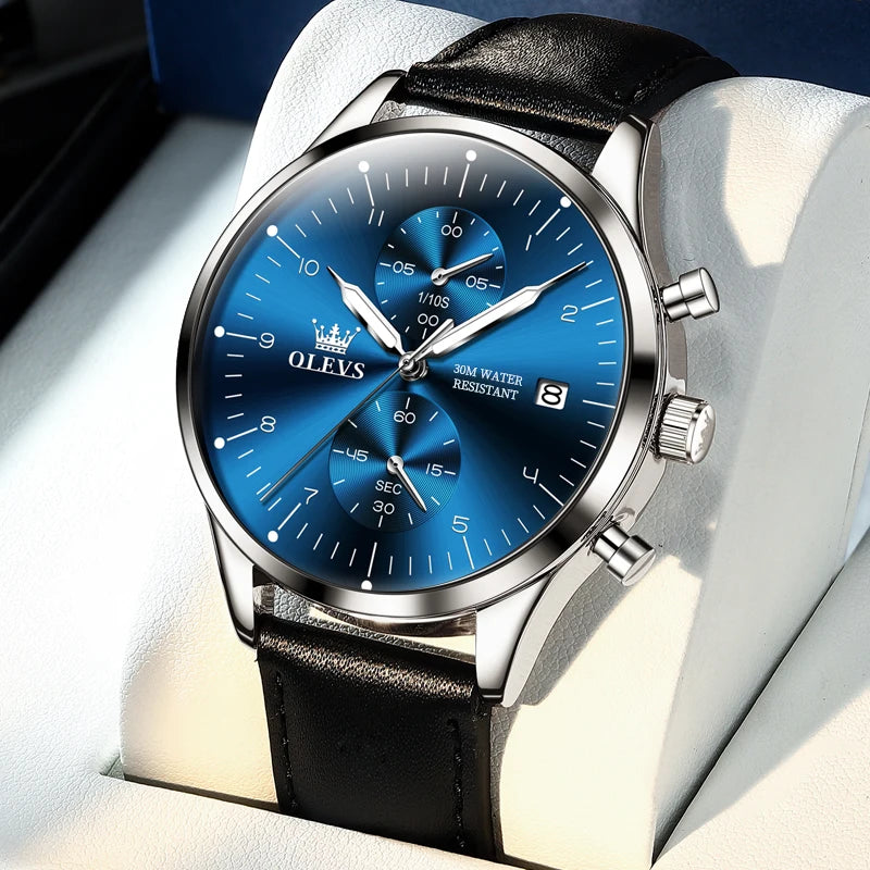 OLEVS 2880 Men’s Watch – Elegant and sleek chronograph, leather strap, automatic date display, water-resistant, luminescent hands, quartz movement.