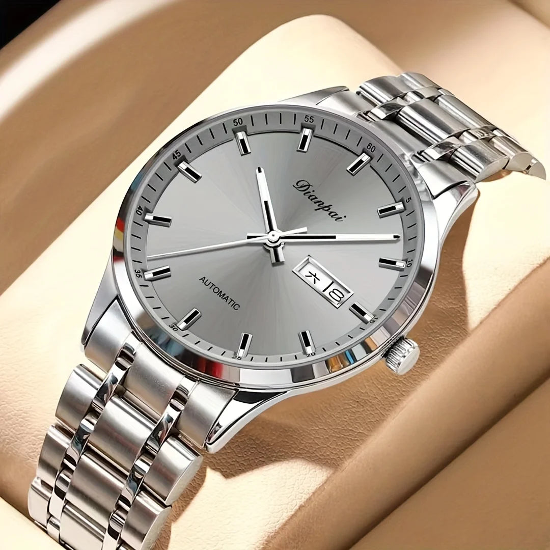 Montre mécanique automatique pour homme Dianpai – Modèle de luxe, affichage luminescent, design classique et épuré, en acier inoxydable, étanche, avec calendrier et indication du jour de la semaine