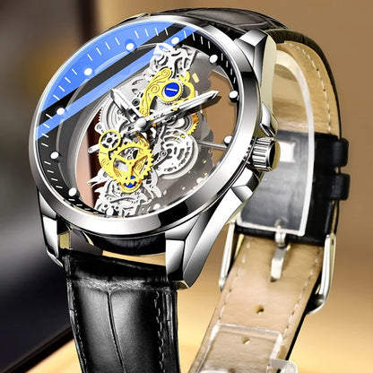 Orologio di tendenza da uomo, modello a doppia apertura, stile di lusso dorato, finto tourbillon meccanico, movimento al quarzo.