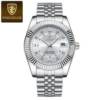 POEDAGAR men’s watch – Luxury model, water-resistant, stainless steel, with luminescent display, military style, date function, quartz movement, ideal for work or professional occasions.