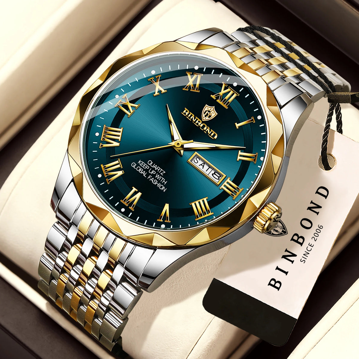 BINBOND Original Brand luxury quartz wristwatch for men, luminous, water-resistant, automatic date, day-of-the-week display, casual style.