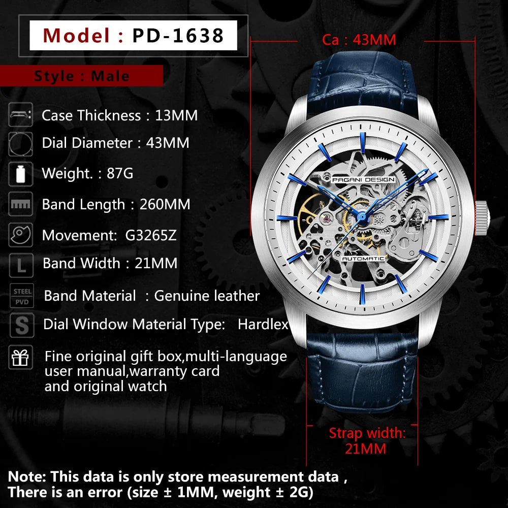 PAGANI DESIGN Business Man Watch Luxury Skeleton Hollow Leather Men's Wristwatch New Mechanical Male Clock