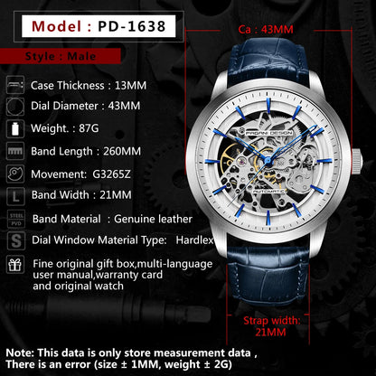 PAGANI DESIGN Business Man Watch Luxury Skeleton Hollow Leather Men's Wristwatch New Mechanical Male Clock